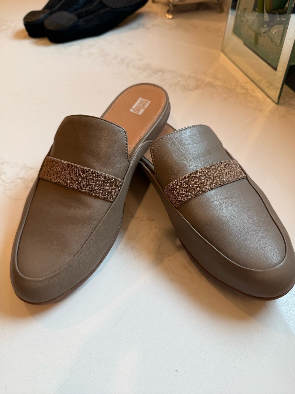 FitFlop Taupe Slip-On Mules with Sparkle Strap